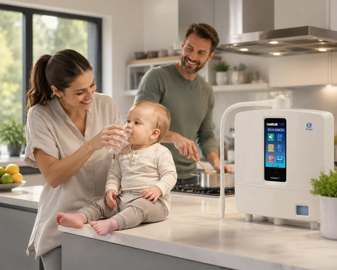 Familia disfrutando de agua saludable en un hogar moderno de inspiración japonesa